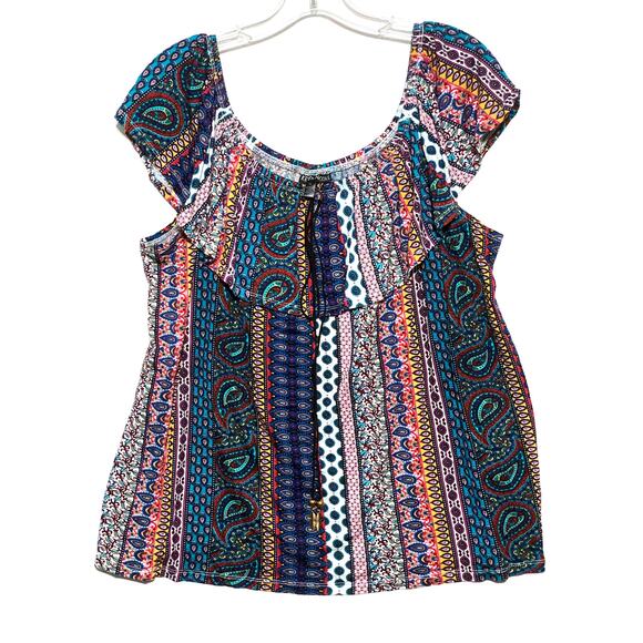 KRISTIN NICOLE Tops - Kristin Nicole Off The Shoulder Ruffle Top Blouse XL Paisley Hippie Boho Artsy